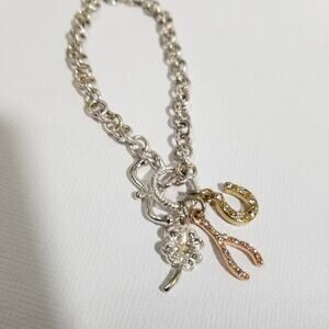 7" silver tone 9" lucky charm bracelet toggle clasp 3 charms